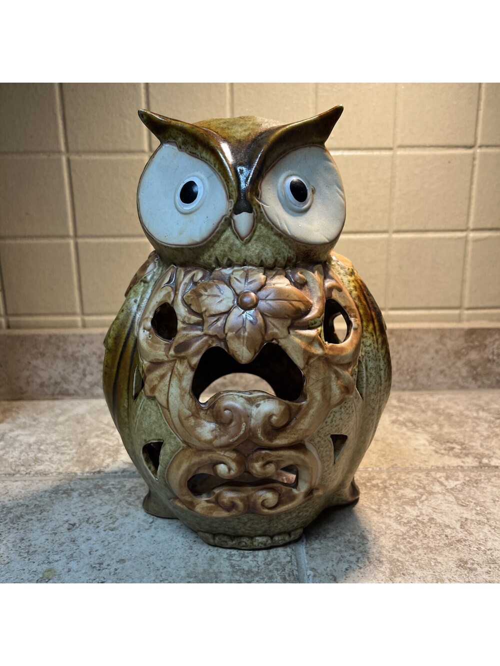 Autumn Woodland Owl Stoneware Votive Candle Holder Floral Cutouts